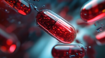 Poster - Nanotechnology-enhanced drug capsules dissolving in the bloodstream, showcasing precise and controlled medication release
