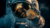 astronaut holding bitcoin in space