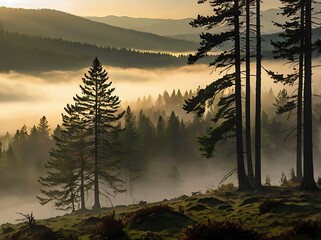 Wall Mural - Foggy landscape view of forest covered in mist, aerial scene jungle evening sunset tall trees