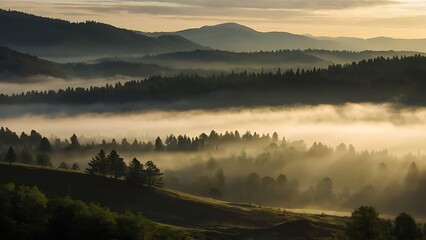 Wall Mural - Foggy landscape view of forest covered in mist, aerial scene jungle evening sunset tall trees