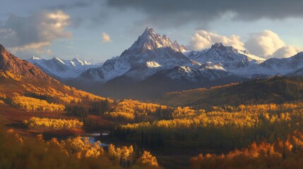 Wall Mural - A mountain range with a river running through it and some trees, AI