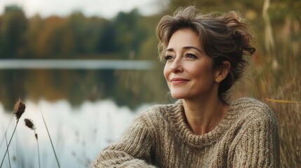 Poster - A woman in a sweater sitting on the edge of some water, AI