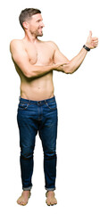 Sticker - Handsome shirtless man showing nude chest Looking proud, smiling doing thumbs up gesture to the side