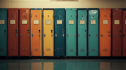 Wall Mural - A row of colorful lockers in a school hallway.