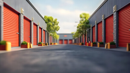 Sticker - A row of storage units with orange doors and greenery.