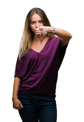 Poster - Young beautiful blonde elegant woman over isolated background looking unhappy and angry showing rejection and negative with thumbs down gesture. Bad expression.