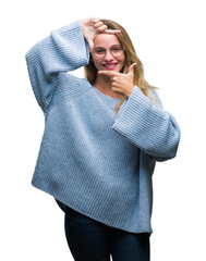 Sticker - Young beautiful blonde woman wearing sweater and glasses over isolated background smiling making frame with hands and fingers with happy face. Creativity and photography concept.