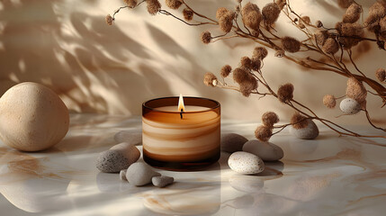 Poster - A serene candle arrangement with pebbles and dried branches.