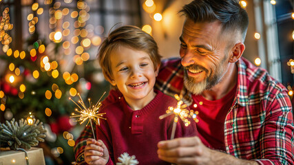 Wall Mural - Father and son with sparklers on the background of the Christmas tree