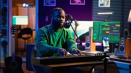 Poster - Piano teacher hosting online lesson for all beginners people on social media, sharing insights and techniques in playing electronic keyboard notes. Educational tutorial with synthesizer. Camera A.
