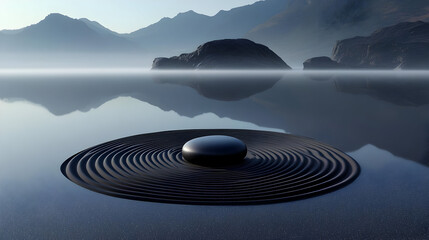 Poster - A serene landscape featuring rippling water and a central dome.