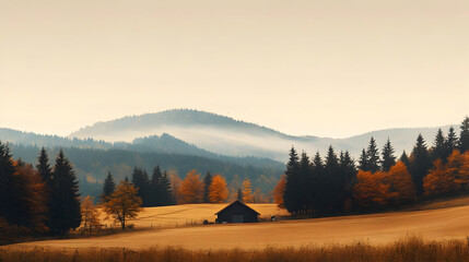 Poster - A serene landscape featuring rolling hills, a wooden cabin, and autumn foliage.