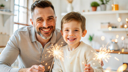 Wall Mural - Father and son with sparklers in the kitchen at home. Happy family celebrating new year.