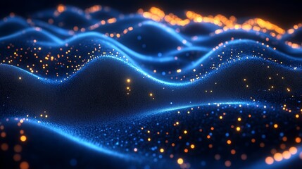 Poster - Abstract representation of shimmering waves with glowing particles in a dark space environment