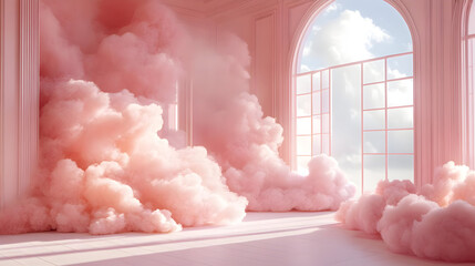 Canvas Print - A serene room filled with soft pink clouds, creating a dreamy atmosphere.