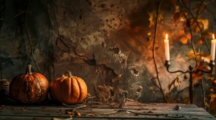 Poster - Rustic autumn display with pumpkins and candlelight in a cozy setting