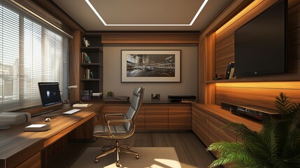 Aufkleber - Modern home office with wooden accents and cityscape artwork during daylight