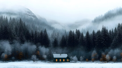 Canvas Print - A serene winter landscape featuring a cabin amidst snowy mountains.