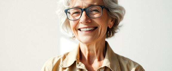 Sticker - Portrait of a smiling senior woman with short grey hair and glasses