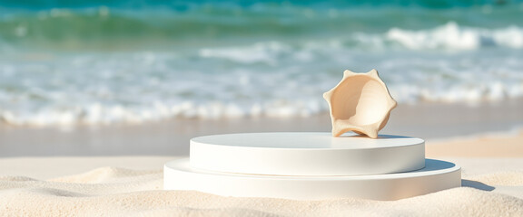 Canvas Print - White Product Display Platform on the Beach