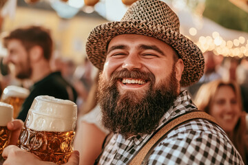 Wall Mural - A smiling young man with a full beard and a straw hat, enjoying a cold beer during the Oktoberfest festivities, exuding a sense of relaxation and enjoyment.