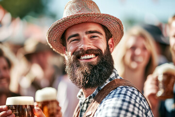 Wall Mural - Man with Hat and Beard Celebrating Oktoberfest. A joyous man with a full beard, light skin, and a hat, captured in a festive moment at Oktoberfest, holding a large beer mug amidst a lively crowd.
