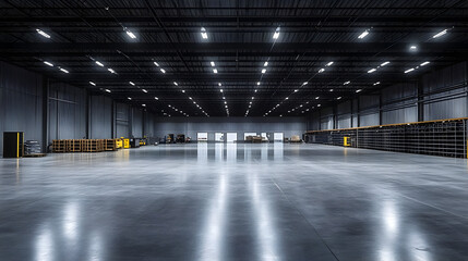 Sticker - A spacious industrial warehouse with polished concrete floors and organized storage areas.