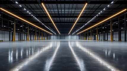 Sticker - A spacious industrial warehouse with polished floors and modern lighting.