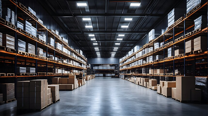 Poster - A spacious warehouse filled with stacked pallets and boxes.