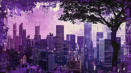 Wall Mural - A stylized city skyline with a purple gradient and tree silhouette.