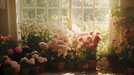 Poster - A sunlit room filled with various blooming flowers in pots.