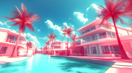 Sticker - A surreal tropical landscape with modern villas and palm trees.