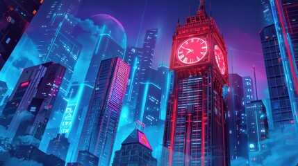 Neon Big Ben: A futuristic cityscape with vibrant neon lights, showcasing a towering Big Ben clock bathed in a mesmerizing glow. The cityscape pulsates with energy and a sense of progress