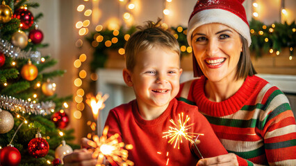 Wall Mural - Happy mother and son with sparklers near Christmas tree at home.