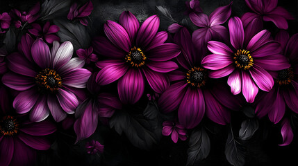 Wall Mural - A vibrant arrangement of purple flowers on a dark background.