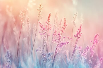 Wall Mural - Soft pastel wildflowers swaying gently in a warm sunset glow