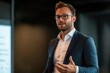 © Aurora - A confident employee delivering a keynote presentation at a corporate event, feeling of achievement and pride, Realistic, High contrast