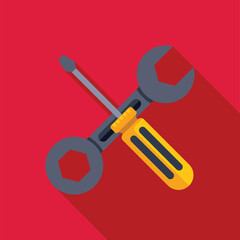 Poster - Crossed wrench and screwdriver forming a stylized x shape on a red background with a long shadow