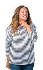 Poster - Beautiful middle age woman wearing stripes sweater over isolated background Touching painful neck, sore throat for flu, clod and infection