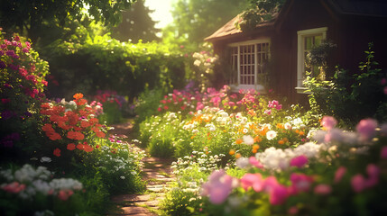 Poster - A vibrant garden path lined with colorful flowers leading to a cozy cottage.