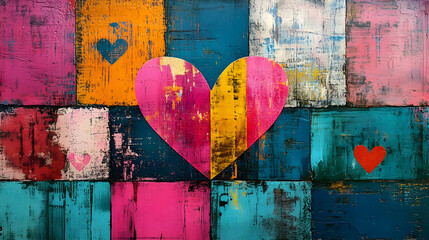 Poster - A vibrant heart design on a colorful patchwork background, symbolizing love and positivity.