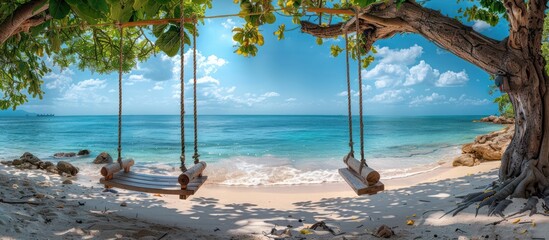 Wall Mural - Tropical Beach with Swings Hanging from a Tree