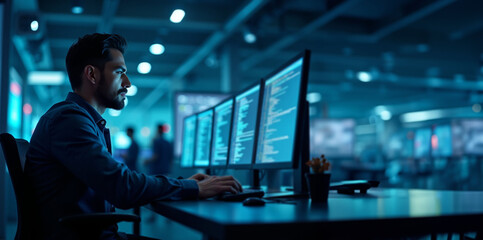 a white professional using a laptop in a high-tech environment with holographic displays, fiber opti