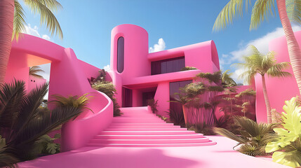 Poster - A vibrant pink modern house surrounded by lush greenery.