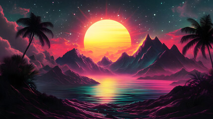 Wall Mural - A vibrant sunset over mountains and a serene lake, showcasing a colorful, dreamlike landscape.