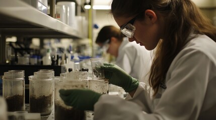Aufkleber - A scientist working in a laboratory. She is focused on her task, examining samples in glass containers. The environment is clean and organized. A modern research space. AI