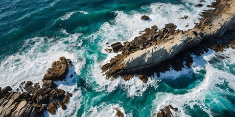 Seaside water crashing to cliffs hardly, oceanic landscape view, aquatic blue themed background