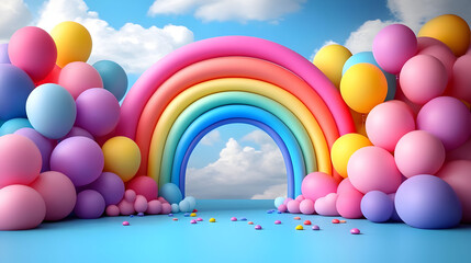 Canvas Print - A vibrant, colorful scene featuring a rainbow arch surrounded by pastel balloons.