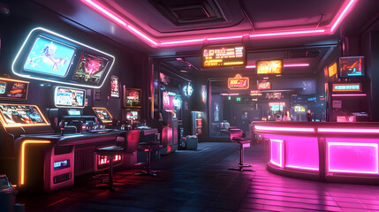 Wall Mural - A vibrant, neon-lit bar interior with futuristic decor.