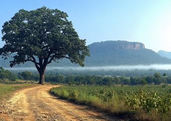 Wall Mural - Serene scenic landscape portraying a winding dirt road, a solitary tree, and misty mountains under a clear blue sky during early morning